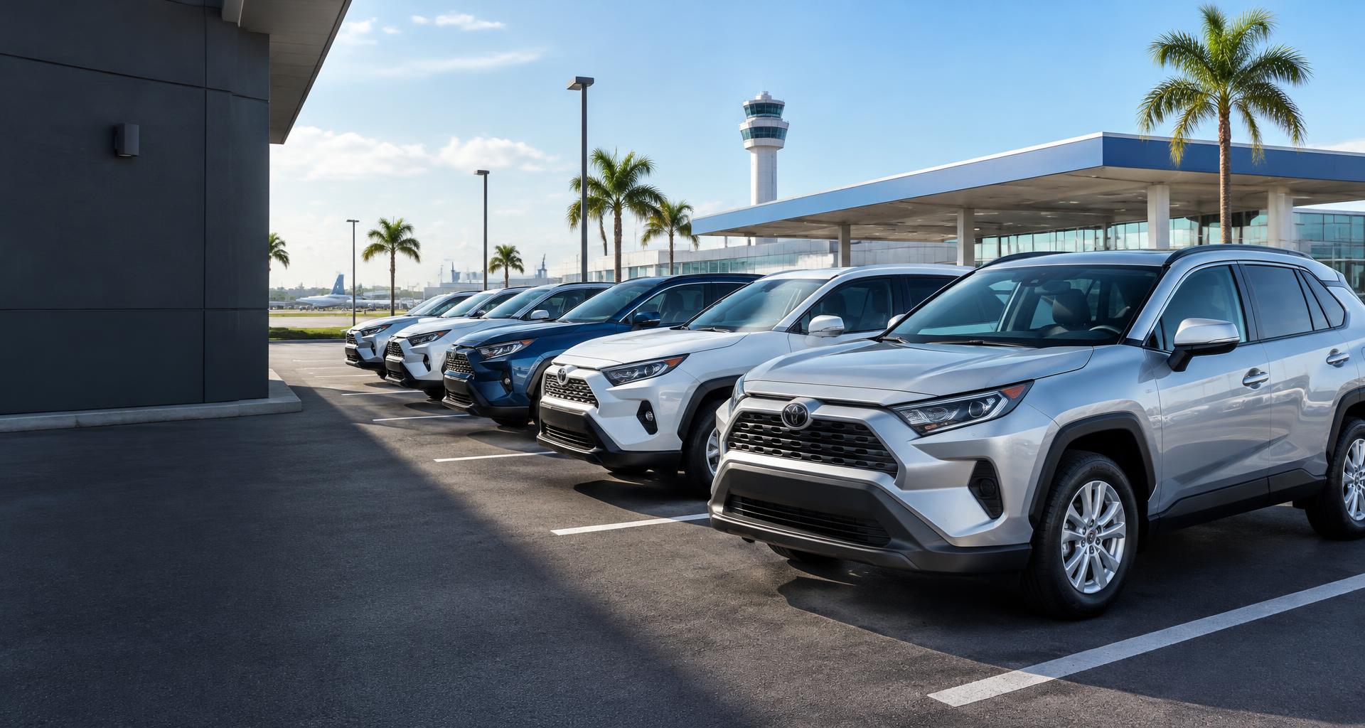 Clean rental vehicles lined up at an airport ready line